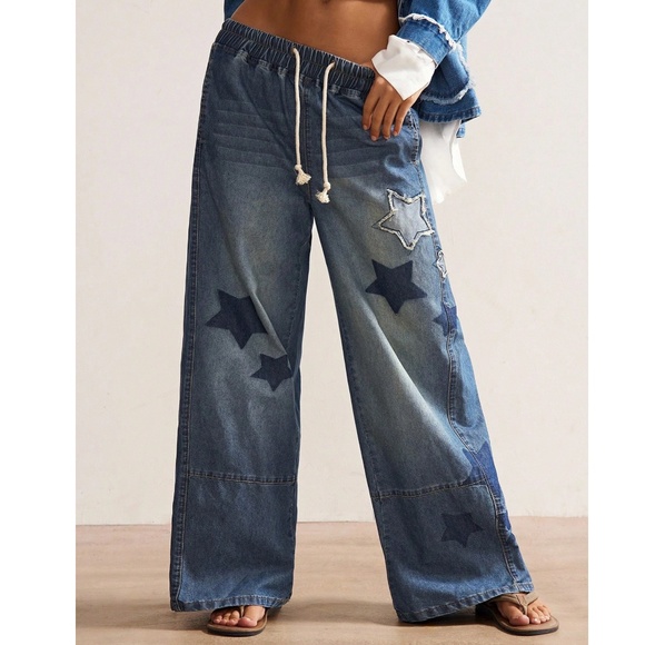 Western Star Print Patch Stretchy Waist Wide leg Denim Jean Pants - Picture 3 of 9